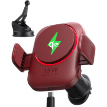 Mag-safe Car Charger[15W, Red], Qi2 Certified Strong Magnetic Car Phone Holder for Cars with Charger, Air Vent Mount, Cooling Fins & RGB Lighting for