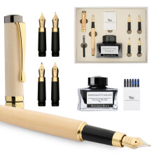 Fountain Pen Gift Set, Includes Ink Bottle, 6 Ink Cartridges, Ink Refill Converter, 4 Replacement Nibs, Luxury Bamboo, Journaling, Calligraphy, Smooth