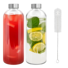 2-Pack 1L Reusable Glass Water Bottle - Leak-Proof, Heat-Resistant for Hot/Cold Drinks, Juicing, Smoothies & Coffee | Includes Free Bottle Brush |