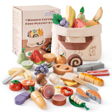 Wooden Food Sets, Kitchen Cutting Toy - Toddler Realistic Pretend Play Food Toys, Montessori Learning Toys for Children with Storage Bag, Role Play
