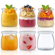 6 Pcs 200ml Yogurt Pudding Glass Jars Clear Yogurt Jars With PE Lids Small Glass Bottles, jello, Honey, jam, Mousse, Cake, milk,party, gifts