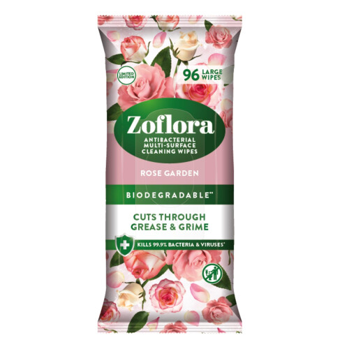Zoflora Rose Garden 96 Wipes, Antibacterial Multi-surface Cleaning Wipes Convenient, Quick Cleaning, Biodegradable