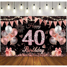 Happy 40th Birthday Banner for Women Black Rose Gold Large Birthday Photo Backdrop Photography Background 40th Birthday Party Supplies, 40th Birthday