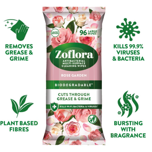 Zoflora Rose Garden 96 Wipes, Antibacterial Multi-surface Cleaning Wipes Convenient, Quick Cleaning, Biodegradable 2