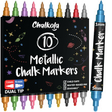 Dual Tip Liquid Chalk Markers for Blackboard (10 Metallic Colors, 1mm+5mm Fine, Bold) - Dry Erase Marker Pens for Chalkboards Signs, Car Windows,