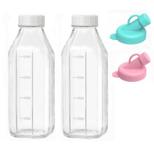 2 Pack 1000?ml / 33.8?oz Glass Milk & Juice Bottles with Airtight Lids – Reusable Glass Beverage Storage Jars, Leak?Proof Pour Spout, Dishwasher