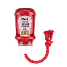 TPR Ketchup Bottle Rubber Dog Toy with Rope – Durable Chew & Tug Toy for Small, Medium & Large Dogs – Tough – Interactive Fetch, Tug-of-War &