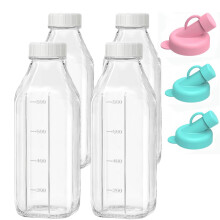 4 Pack 1000ml/33.8oz Liter Glass Milk Bottles with Lid,Reusable Dairy Drinking Bottles with Capacity Mark With 3pcs Silicone Bottle Dispenser for