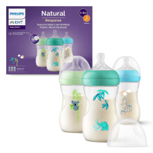 Avent Natural Response Baby Bottles 9oz/260 ml with Medium Flow Teats (Flow 3), 3 Pack, with Tropical Hangout Design, SCY903/73