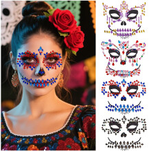 Halloween Face Jewels Temporary Tattoos – 4 Pack Day of the Death Rhinestone Skull Face Gems – Crystal Eye Glitter Stickers for Halloween Makeup,