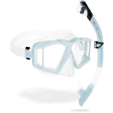 Horizion+Scilla Combo Clear/Ice Cyan - Combo Set Horizon Mask 4 Separate Tempered Glasses and Scilla Top Dry Valve System Snorkel for Diving and