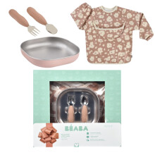 BÉABA Baby Meal Set – Complete Newborn Gift Set from 4 Months – Microwave-Safe Stainless Steel Plate, Ergonomic Cutlery, Sleeve Bib, Keepsake Box