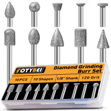 10PCS 120 Grit Diamond Grinding Burr Bits Set Compatible with Dremel Rotary Tools, Diamond Burrs with 1/8" Shank for Stone Glass Ceramic Grinding