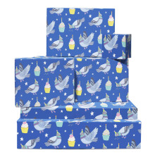 Pigeon Wrapping Paper - 6 Sheets of Blue Birds Gift Wrap with Cupcakes and Stars - Birthday Wraps for Bird Lovers, Kids, Adults - Christmas,