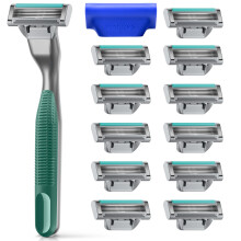 Plus Razors for Men - Value Pack (Moss) - 1 Handle with 13 Razor Refills and Travel Blade Cover