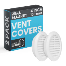 100mm Pack of 2 White Vent Cover with Mesh Screen - Plastic Soffit Ventilation Grill - Louvered Vent for Indoor, Outdoor Wall Ducting - HVAC Louvre