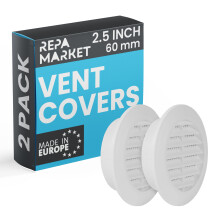 60mm Pack of 2 White Vent Cover with Mesh Screen - Plastic Soffit Ventilation Grill - Louvered Vent for Indoor, Outdoor Wall Ducting - HVAC Louvre
