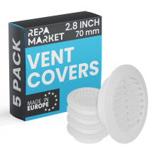 70mm Pack of 5 White Vent Cover with Mesh Screen - Plastic Soffit Ventilation Grill - Louvered Vent for Indoor, Outdoor Wall Ducting - HVAC Louvre