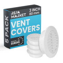 80mm Pack of 5 White Vent Cover with Mesh Screen - Plastic Soffit Ventilation Grill - Louvered Vent for Indoor, Outdoor Wall Ducting - HVAC Louvre