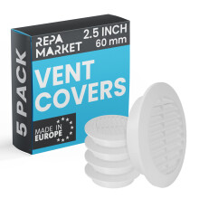 60mm Pack of 5 White Vent Cover with Mesh Screen - Plastic Soffit Ventilation Grill - Louvered Vent for Indoor, Outdoor Wall Ducting - HVAC Louvre