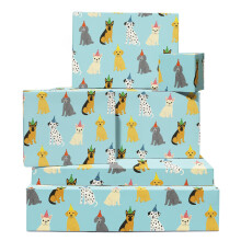 Dog Wrapping Paper - 6 Sheets of Puppy Gift Wrap for Kids Boys Girls - Birthday Bday Christmas - Cute Dogs With Party Hats Blue - Comes with Tags by