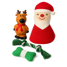 Christmas Dog Toys Set, Pack of 4 Holiday Characters with Santa, Snowman, Penguin, Rope, Bone, Reindeer, Festive Pet Chew and Play Toys (Medium, Santa