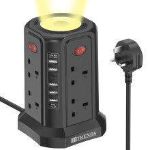 Tower Extension Lead with USB Slots and Night Light, 5 USB Ports and 8 Way Extension Tower (13A 3250W), Surge Protection Extension Lead with 4