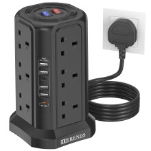 Tower Extension lead with USB Slots, PD18W USB C Fast Charger, 5 USB Ports & 12 Way Extension Tower (13A 3250W), Surge Protection Extension Lead with