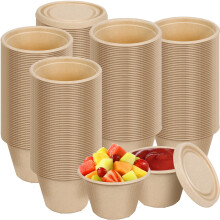 4 oz Bagasse Fiber Condiment Cups with Lids,100 Pack Disposable Souffle Cup,Biodegradable Sample Cups,Compostable Portion Cups for Snack Salad