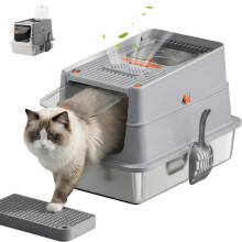 Stainless Steel Cat Litter Tray with Lid, Extra Large Enclosed Litter Box, 120 Flip Top, 3-in-1 & Dual Entry, Non-Stick with Activated Carbon Box,
