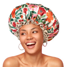 Large Shower Cap for Women Reusable Waterproof, Extra Large Hair Cap with Adjustable Elastic Band and Vibrant Floral Print, XL Bath Cap for Long Hair