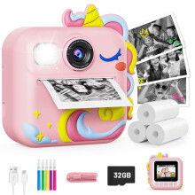 Kids Camera Instant Print, 1080P Kids Camera Birthday Gifts for Girls Age 3-12 with 32GB Card, Video Instant Printable Camera for Kids, Toys for Ages