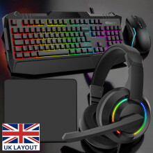 RAINBOW LED USB GAMING KEYBOARD MOUSE HEADSET SET FOR PC MAC PS4 PS5 XBOX UK