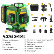 CONENTOOL Niveau Laser 16 Lignes Vert, Auto-nivellement, Précision 1.5mm/7m, 2.4Ah sans trépied