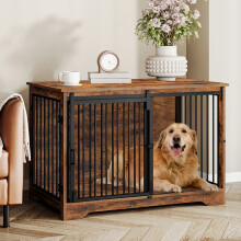 Cage pour chien en bois, 100 cm, 2 portes avec coulissante, Marron Rustique et Noir, Intérieur