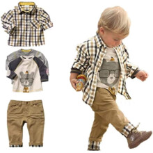 Toddler Boys Casual 3 Piece Set (T-shirt + Plaid Shirt + Khaki Pants) 1-2y