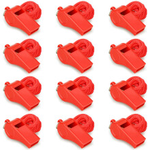 12 Pack Red Emergency Whistle with Cord, Loud and Clear Sound, Plastic Emergency Whistles, Ideal for Rescuers, Self-Defense and Emergencies (12 Red