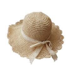 Kids Floppy Straw Hat Packable Sun Hat Visor Foldable Summer Beach Hat with Lace Bow for Toddlers Girls Beige