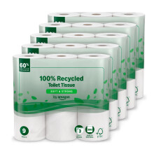 Toilet Roll, 3-ply 100% Recycled, Soft and Strong, 45 Rolls (5 Packs of 9), 200 Sheets per Roll, FSC Certified