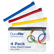 Clear Pencil case, Pack of 4 - Small. Clear 203 x 117mm, Assorted Colours Metal Zipper, Waterproof, Versatile Storage, Stationery Make up Toiletries