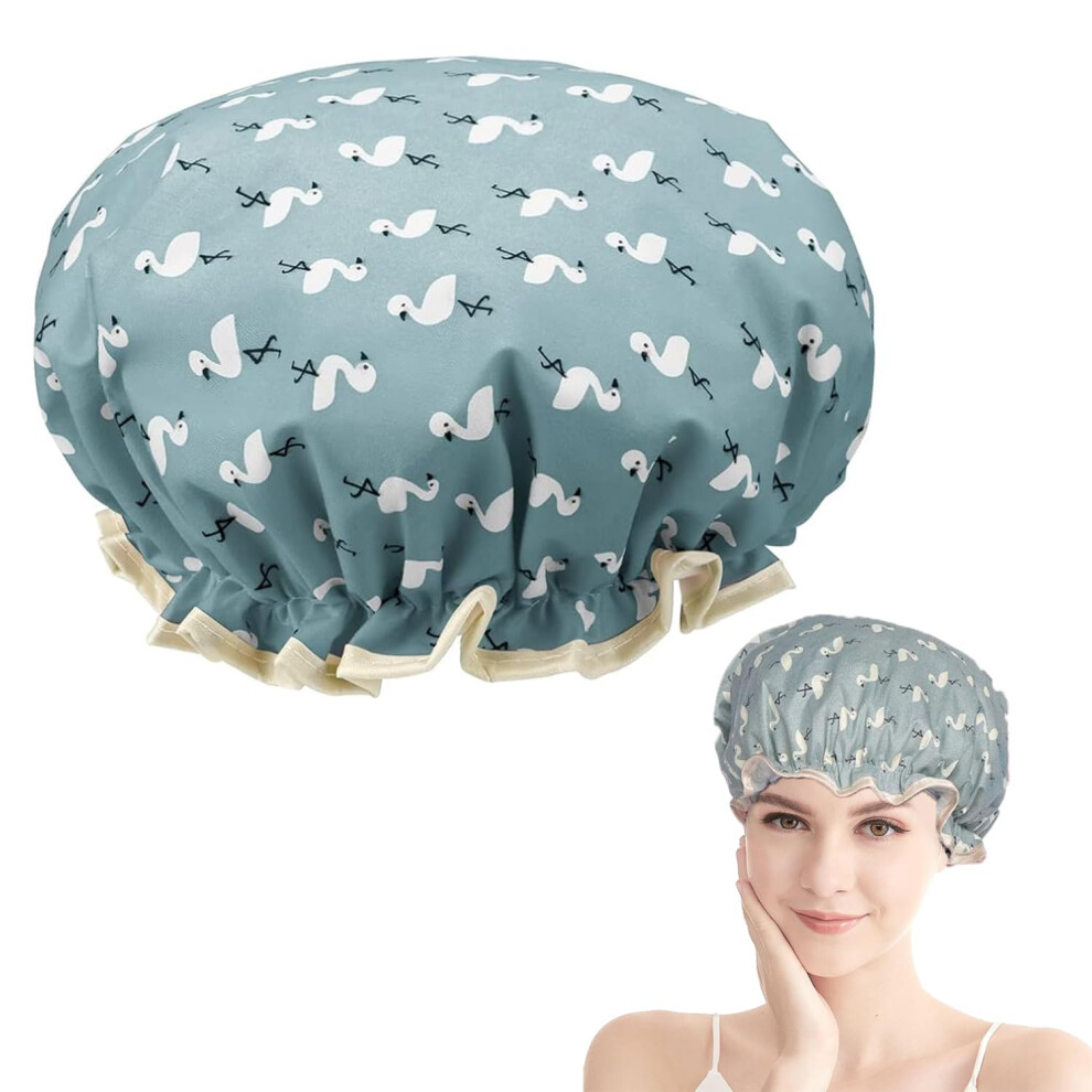 Double Layer Shower Cap for Women Waterproof Reusable 10.6 inch, Blue Bird - Image 2