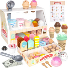 Wooden Ice Cream Set for Kids, 49 PCS Wooden Role Play Ice Cream Counter Shop Playset, Play Food Sets for Kids Kitchen, Pretend Play Toys, Imaginative