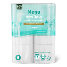 Mega Toilet Roll, 3 ply, 6 Rolls, with Coconut Scent, 1 Packs of 6 Rolls, 330 Sheets per Roll