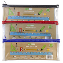 50% Recycled Long Clear Exam Transparent Pencil Case, Coloured Zips, 33cm x 12.7cm, Pack of 3, eco205x3