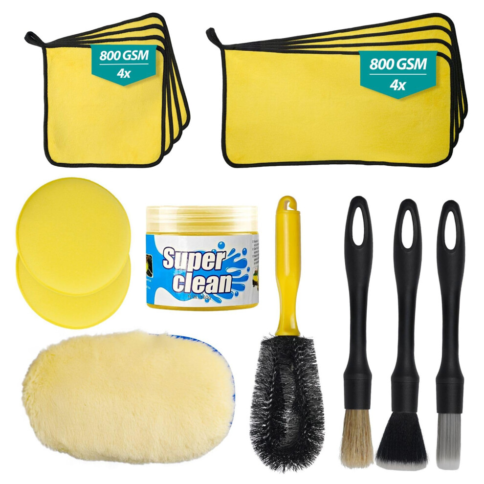 16 Pcs Car Cleaning Kit 800 GSM Microfibre Towels Wash Mitt Brushes Wax - Image 2
