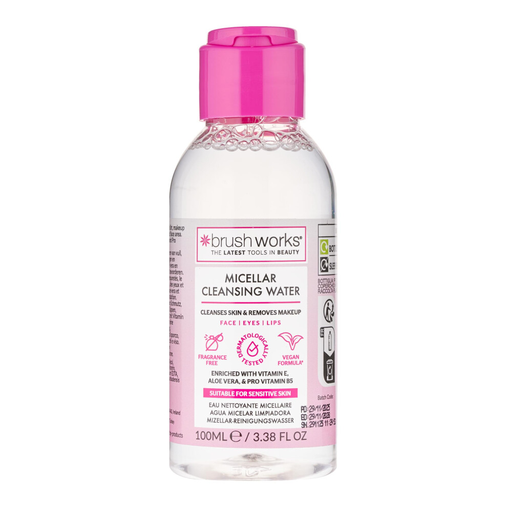 Brushworks Micellar Cleansing Water 100ml – Travel Size Makeup Remover with Vitamin E, Aloe Vera & Pro Vitamin B5 for Face, Eyes & Lips, Fragrance Free & Vegan - Image 3