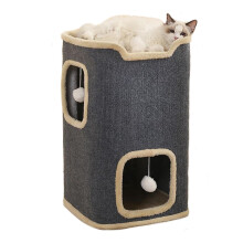 Maison pour Chat à 2 Niveaux, Cachette Rectangulaire avec Jouet Suspendu, pour Intérieur