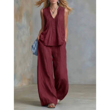 (Burgundy,XXL)Fashionable Women Loose Fit Sleeveless Top Pants Two Piece With Creased Design For Streetwear Style