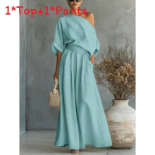 (Sky Blue,L)Summer Top And Pants Set With Breathable Polyester For Womens Fashionable Look Office