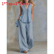 (SkyBlue,5XL)Fashionable Women Loose Fit Sleeveless Top Pants Two Piece With Creased Design For Style Streetwear